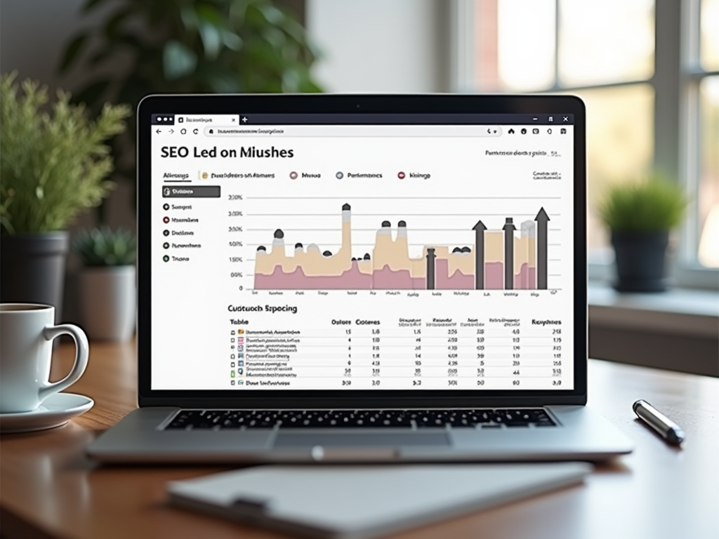 Ноутбук на столе отображает графики и таблицы SEO анализа. Рядом чашка кофе.