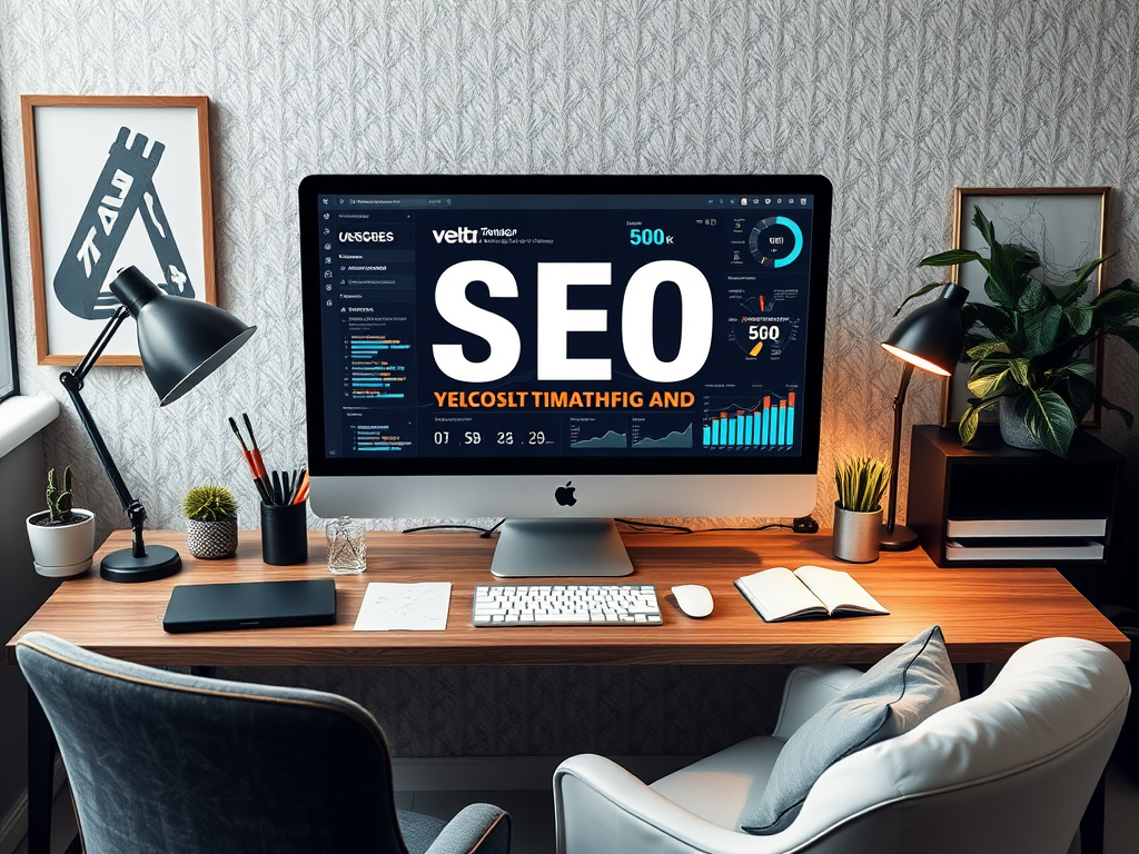 Изображение рабочего стола с компьютером, на экране — графики и данные по SEO. Есть растения и лампа.