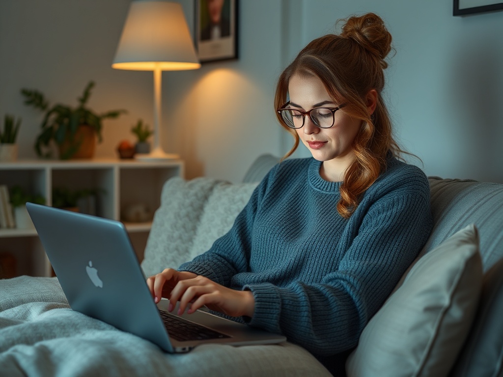 Молодая женщина в очках работает на ноутбуке, уютно устроившись на диване с пледом. В комнате тихий свет.