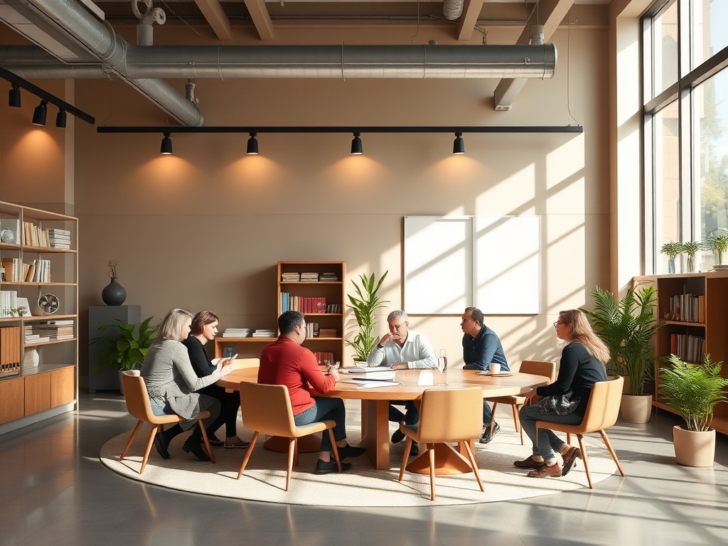 Группа людей обсуждает идеи за круглым столом в современном офисе с большими окнами.