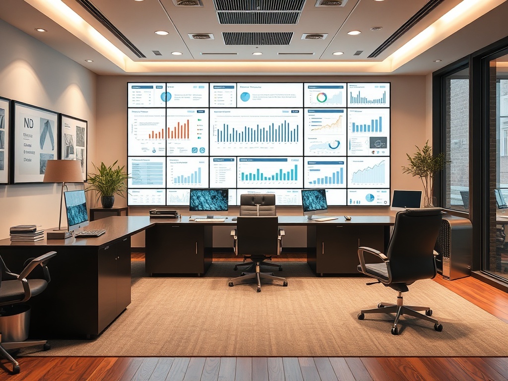 Современный офис с большими экранами для анализа данных и стильной мебелью. Светлое и просторное помещение.