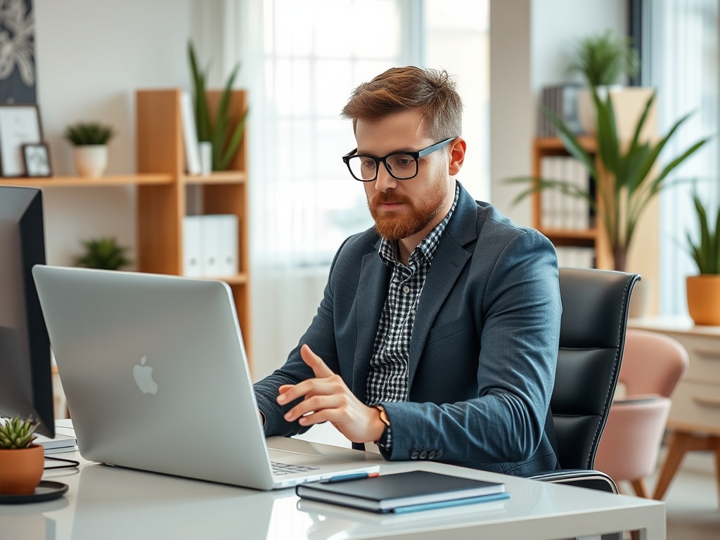 Молодой человек в офисе работает за ноутбуком, окружённый растениями и офисной мебелью.