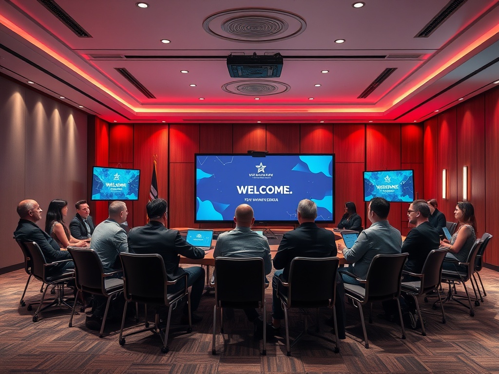 Встреча в конференц-зале с приветствием на экране. Участники обсуждают идеи.