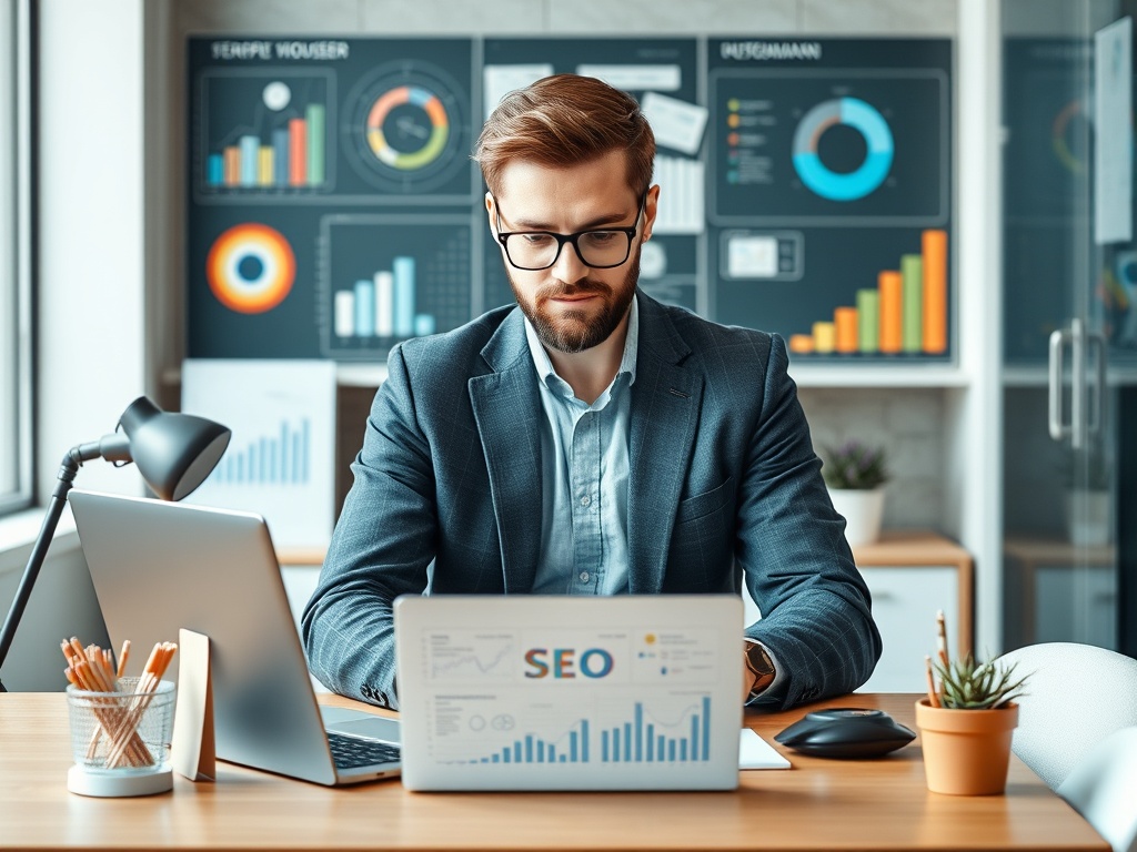 Мужчина в деловом костюме работает за столом с ноутбуком, графиками и растением на фоне.