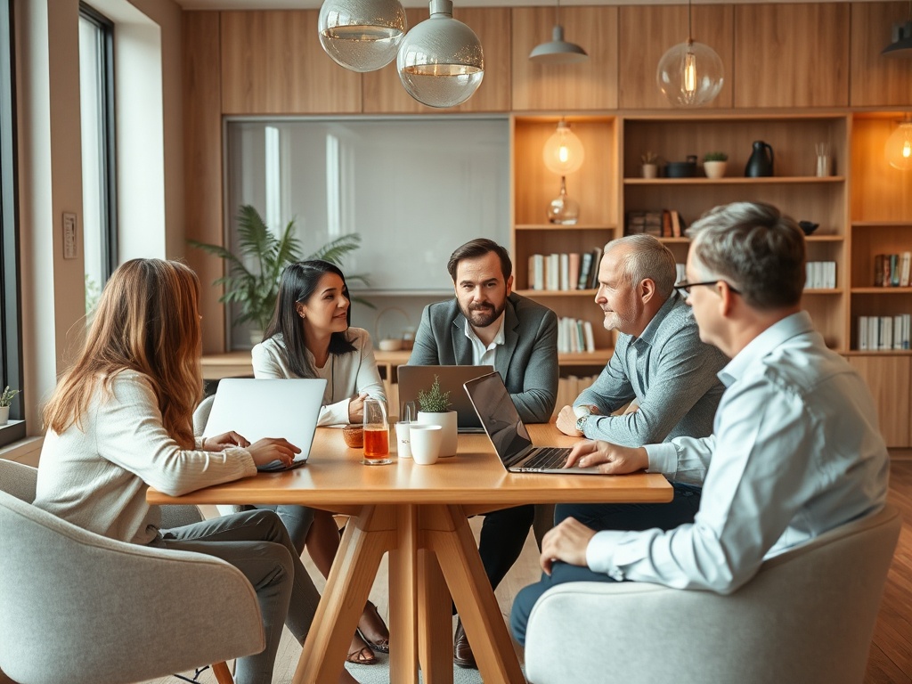 Группа мужчин и женщин обсуждает проект в уютном офисном пространстве за круглым столом.