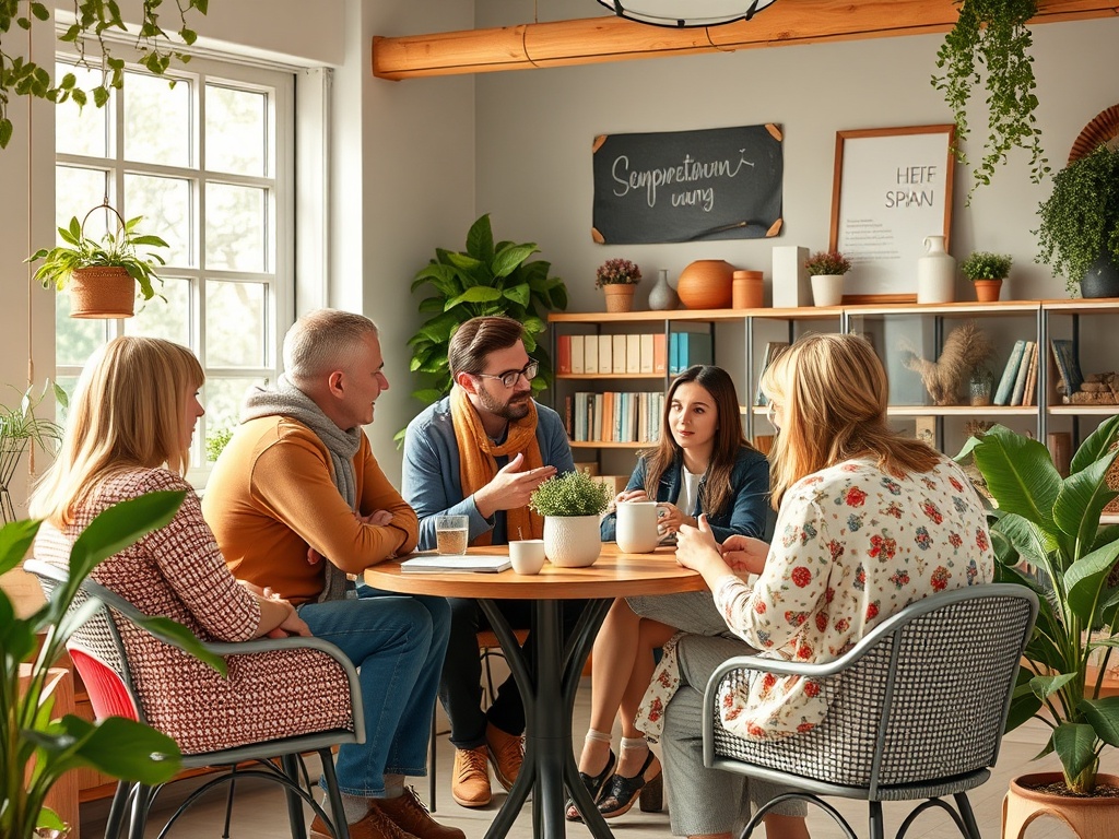 Группа людей обсуждает что-то за круглым столом, окружённым зеленью в уютном помещении.
